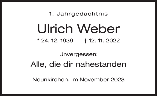 Traueranzeige von Ulrich Weber von Siegener Zeitung