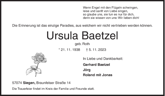 Traueranzeige von Ursula Baetzel von Siegener Zeitung