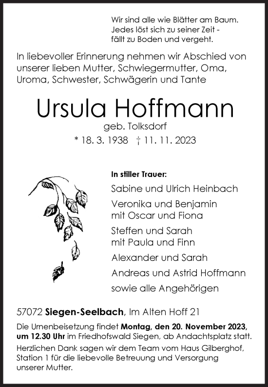 Traueranzeige von Ursula Hoffmann von Siegener Zeitung