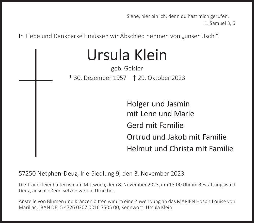  Traueranzeige für Ursula Klein vom 03.11.2023 aus Siegener Zeitung