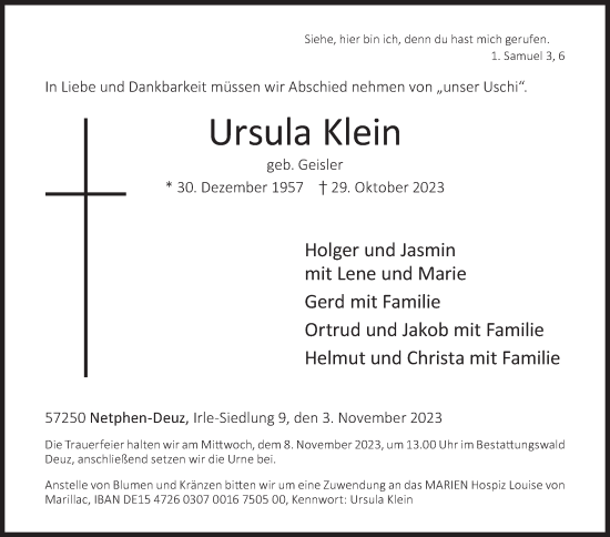 Traueranzeige von Ursula Klein von Siegener Zeitung