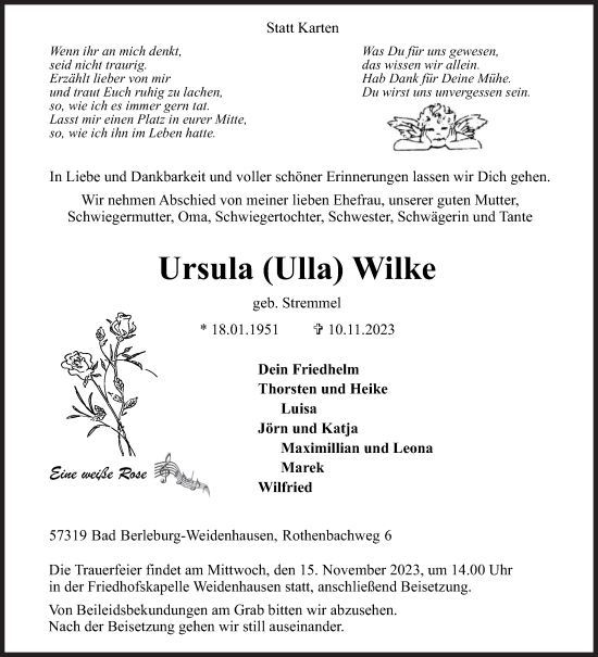 Traueranzeige von Ursula Wilke von Siegener Zeitung