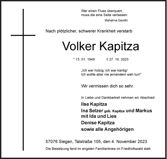 Traueranzeige von Volker Kapitza von Siegener Zeitung