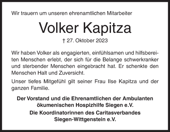 Traueranzeige von Volker Kapitza von Siegener Zeitung