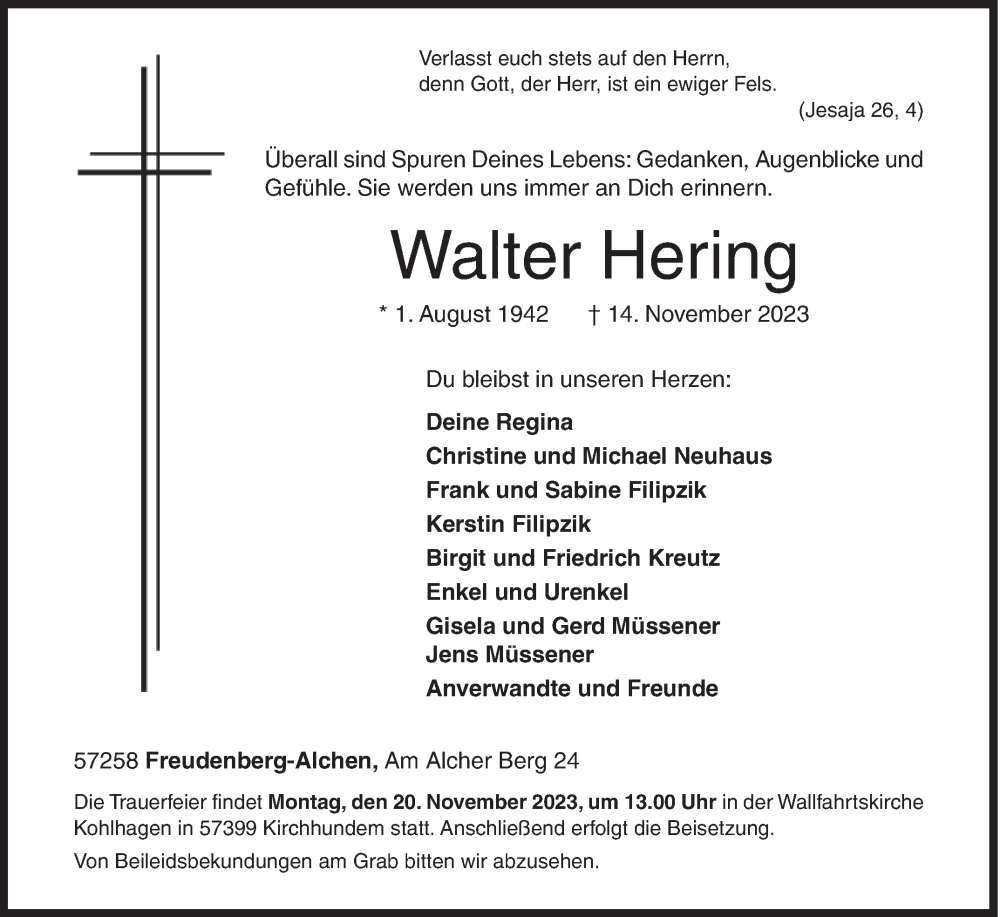  Traueranzeige für Walter Hering vom 18.11.2023 aus Siegener Zeitung