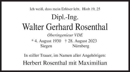 Traueranzeige von Walter Gerhard Rosenthal von Siegener Zeitung