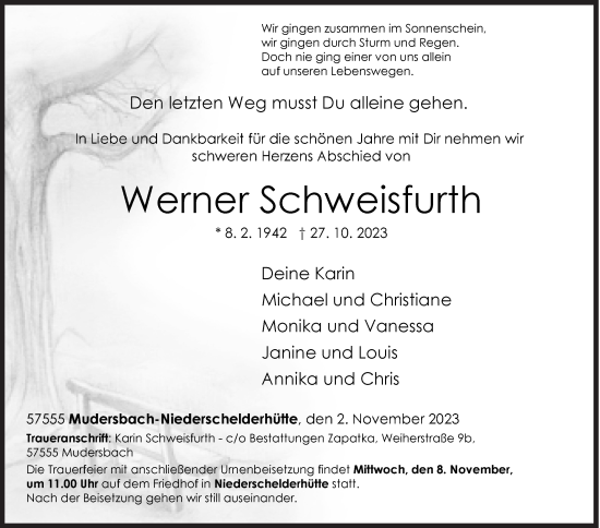 Traueranzeige von Werner Schweisfurth von Siegener Zeitung