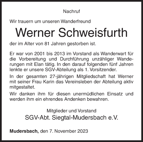 Traueranzeige von Werner Schweisfurth von Siegener Zeitung