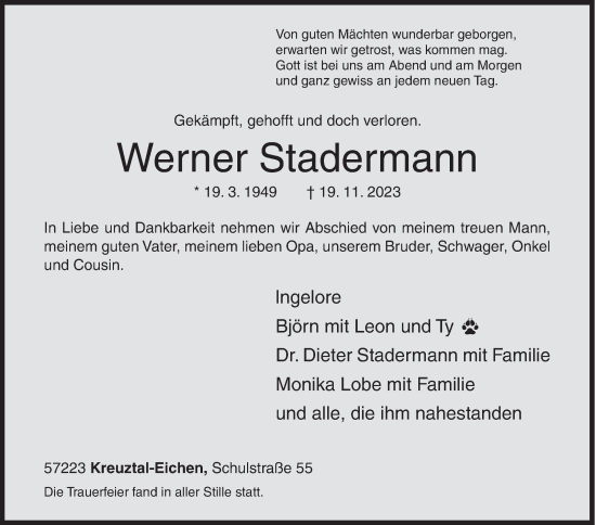 Traueranzeige von Werner Stadermann von Siegener Zeitung