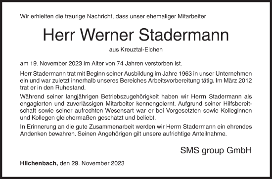 Traueranzeige von Werner Stadermann von Siegener Zeitung