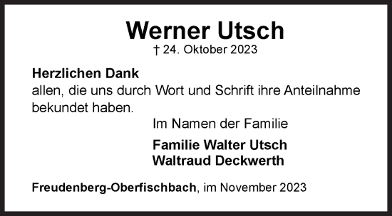 Traueranzeige von Werner Utsch von Siegener Zeitung