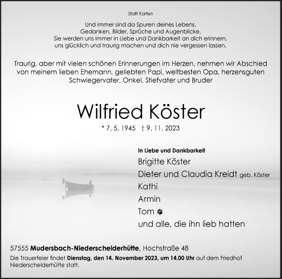 Traueranzeige von Wilfried Köster von Siegener Zeitung