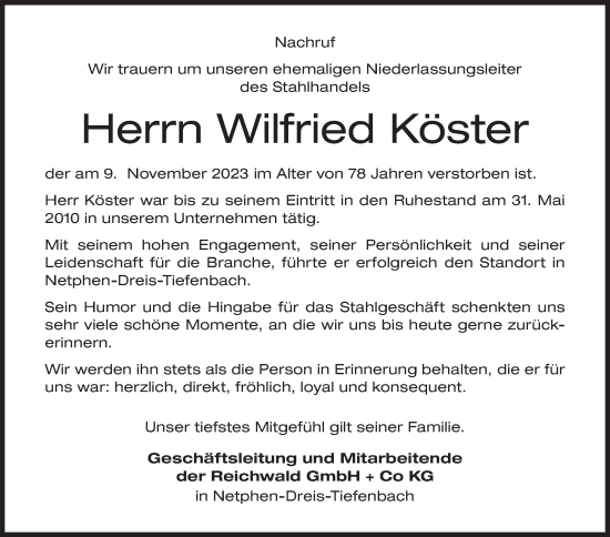 Traueranzeige von Wilfried Köster von Siegener Zeitung