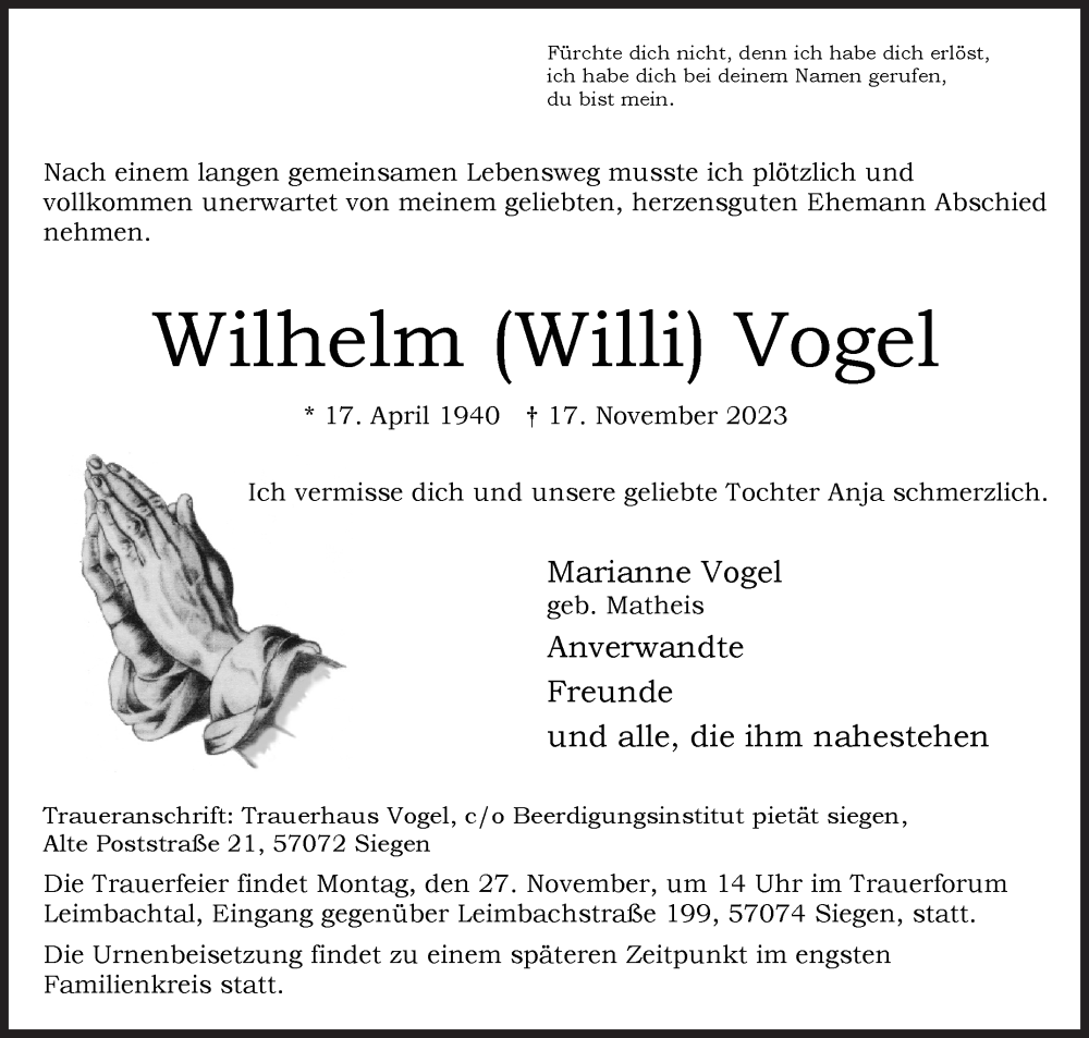  Traueranzeige für Wilhelm  Vogel vom 22.11.2023 aus Siegener Zeitung