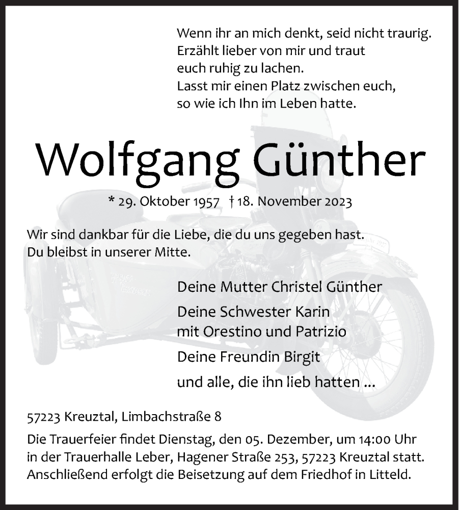  Traueranzeige für Wolfgang Günther vom 27.11.2023 aus Siegener Zeitung