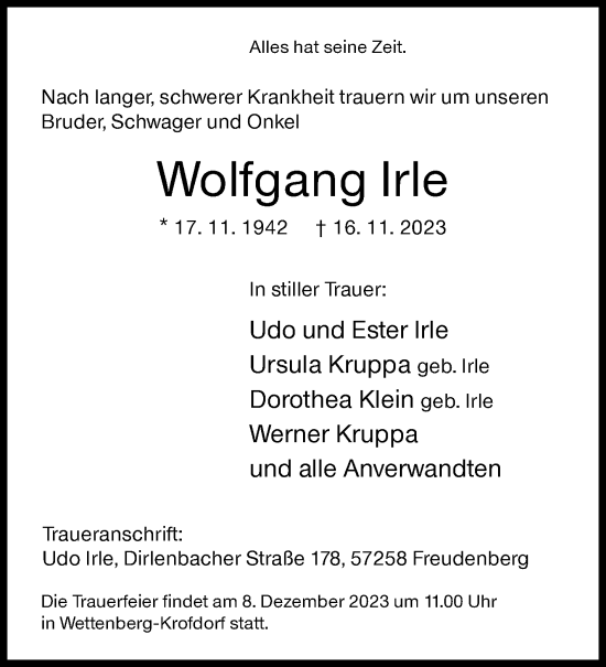 Traueranzeige von Wolfgang Irle von Siegener Zeitung