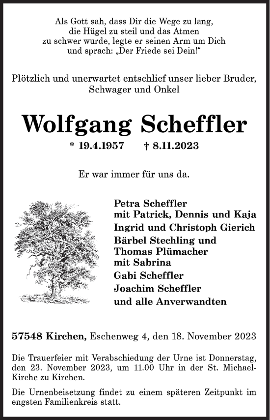 Traueranzeige von Wolfgang Scheffler von Siegener Zeitung