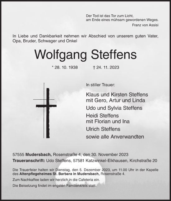Traueranzeige von Wolfgang Steffens von Siegener Zeitung