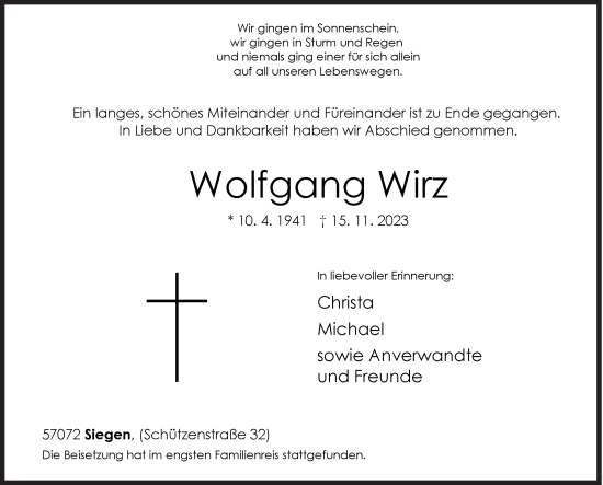 Traueranzeige von Wolfgang Wirz von Siegener Zeitung