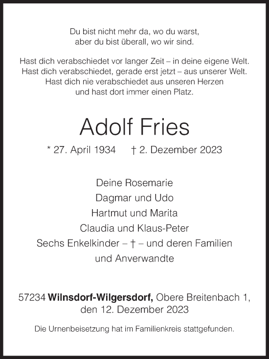 Traueranzeige von Adolf Fries von Siegener Zeitung