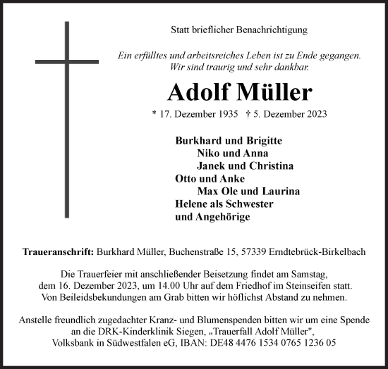 Traueranzeige von Adolf Müller von Siegener Zeitung