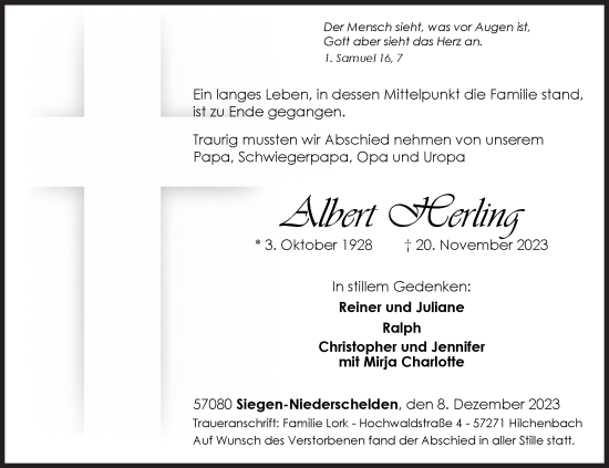 Traueranzeige von Albert Herling von Siegener Zeitung