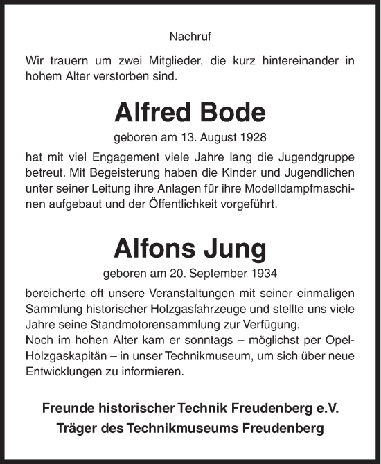 Traueranzeige von Alfred Bode und Alfons Jung von Siegener Zeitung