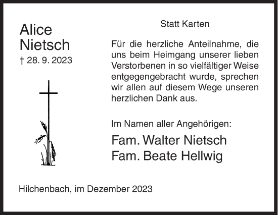 Traueranzeige von Alice Nietsch von Siegener Zeitung