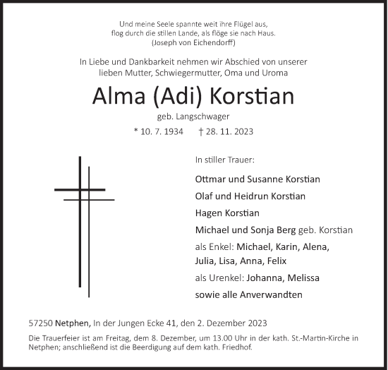 Traueranzeige von Alma Korstian von Siegener Zeitung