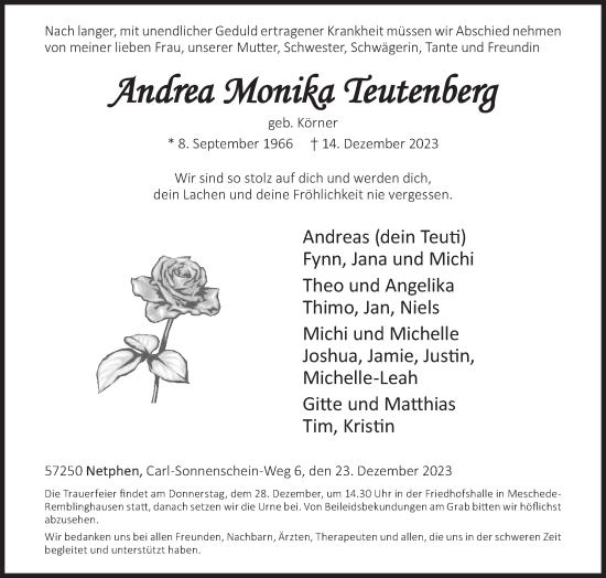 Traueranzeige von Andrea Monika Teutenberg von Siegener Zeitung