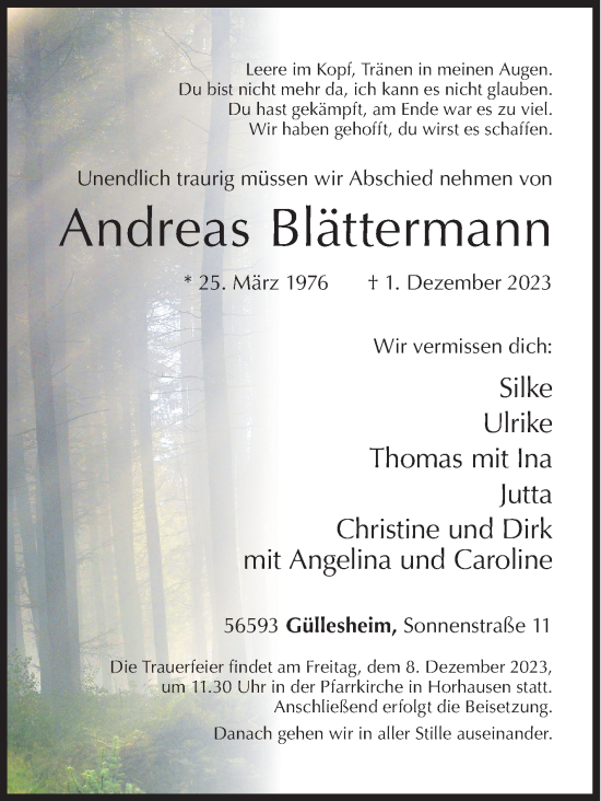 Traueranzeige von Andreas Blättermann von Siegener Zeitung