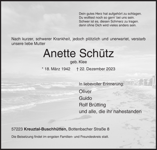 Traueranzeige von Anette Schütz von Siegener Zeitung