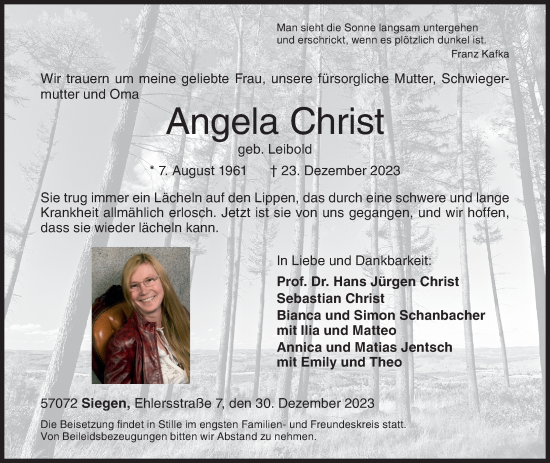 Traueranzeige von Angela Christ von Siegener Zeitung