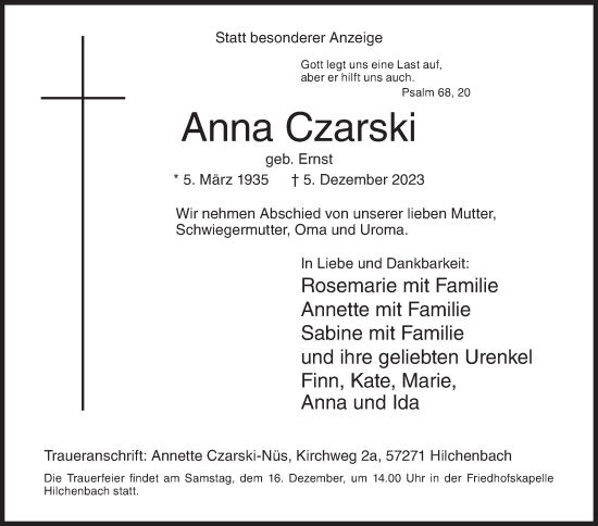 Traueranzeige von Anna Czarski von Siegener Zeitung
