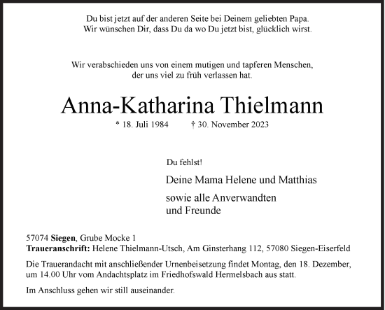 Traueranzeige von Anna-Katharina Thielmann von Siegener Zeitung