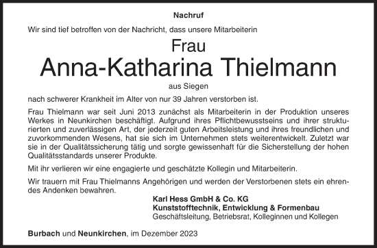 Traueranzeige von Anna-Katharina Thielmann von Siegener Zeitung