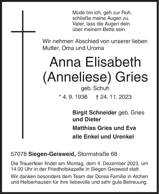Traueranzeige von Anna Elisabeth Gries von Siegener Zeitung