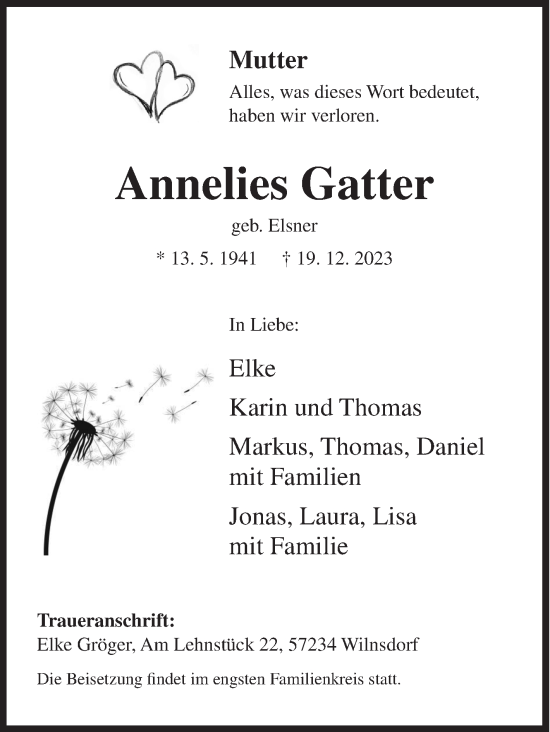 Traueranzeige von Annelies Gatter von Siegener Zeitung