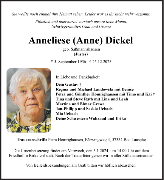Traueranzeige von Anneliese Dickel von Siegener Zeitung