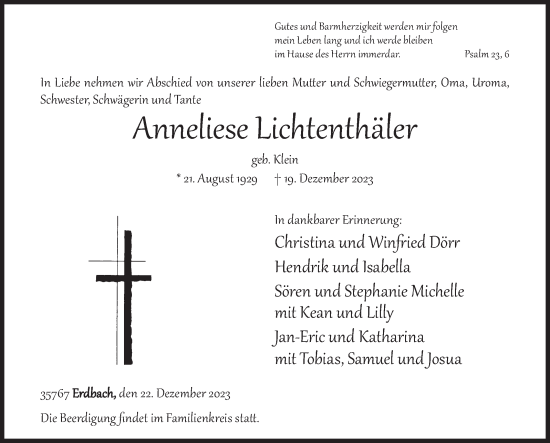 Traueranzeige von Anneliese Lichtenthäler von Siegener Zeitung