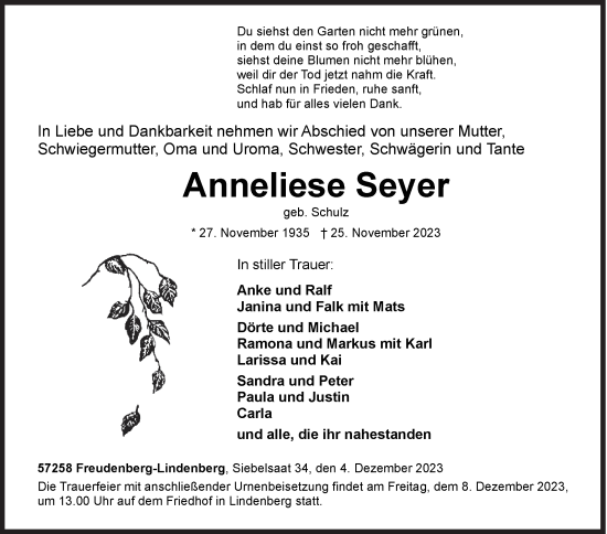Traueranzeige von Anneliese Seyer von Siegener Zeitung