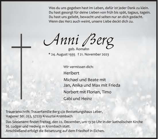 Traueranzeige von Anni Berg von Siegener Zeitung