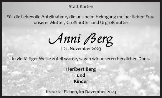 Traueranzeige von Anni Berg von Siegener Zeitung