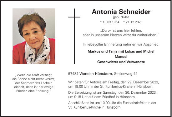 Traueranzeige von Antonia Schneider von Siegener Zeitung