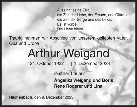 Traueranzeige von Arthur Weigand von Siegener Zeitung