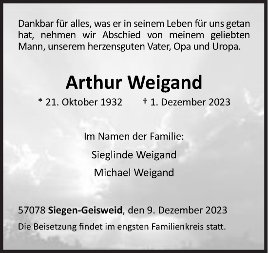 Traueranzeige von Arthur Weigand von Siegener Zeitung
