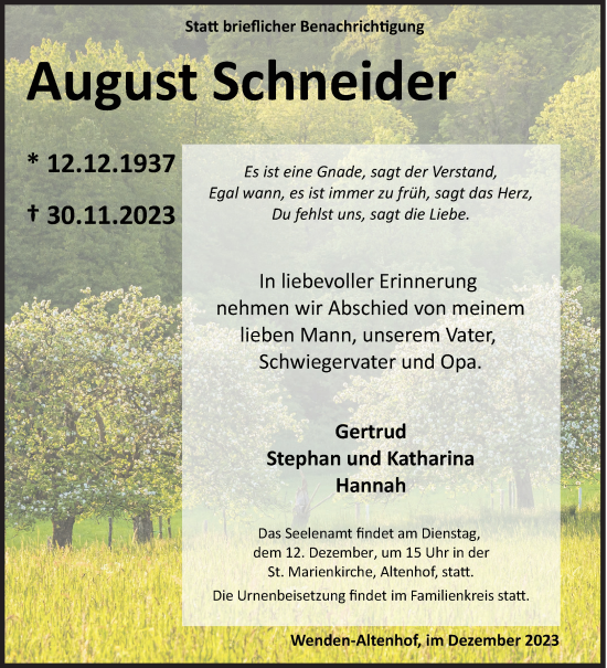 Traueranzeige von August Schneider von Siegener Zeitung