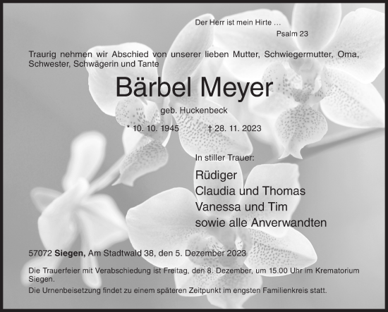Traueranzeige von Bärbel Meyer von Siegener Zeitung