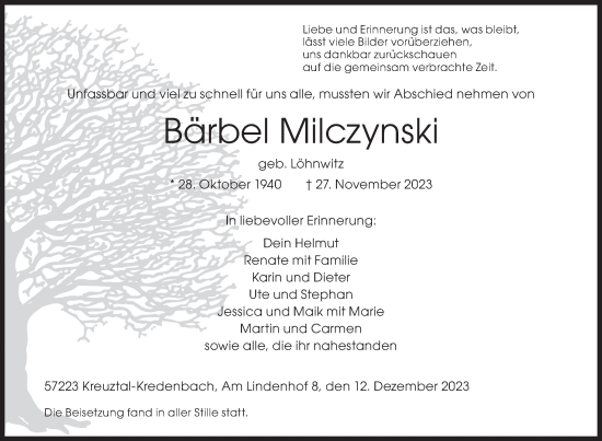 Traueranzeige von Bärbel Milczynski von Siegener Zeitung