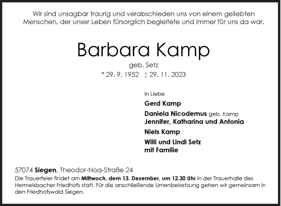 Traueranzeige von Barbara Kamp von Siegener Zeitung